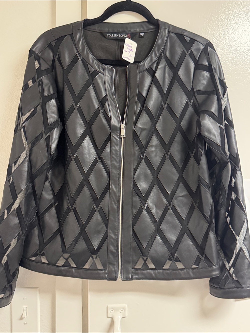 Colleen Lopez Black Faux Leather Diamond-Panel Zip Jacket
